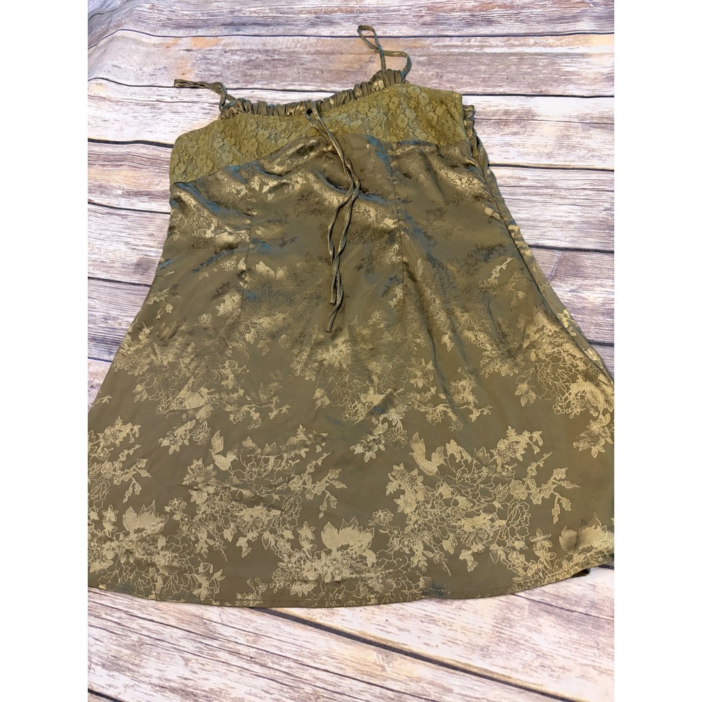 Cider Olive Green Satin Floral Jacquard Mini Dress XL Boho Y2K Lace Fairy